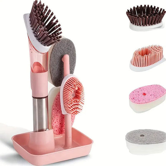 Household Pot Brush with 4 Replacement Heads – Long Handle Kitchen Cleaning Brush for Dishwashing, Grease & Stain Removal – Easy-to-Use Scrubber for Pots & Pans