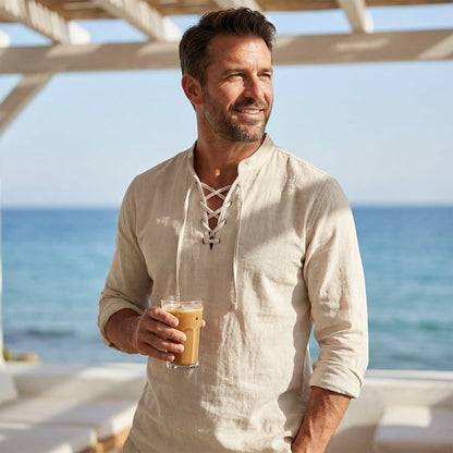 🧥Men's Casual Lace-Up Shirt – Smart in seconds! No-tie modern collar, soft breathable cotton. Effortless style for coffee dates or Sunday roasts. ☕👴