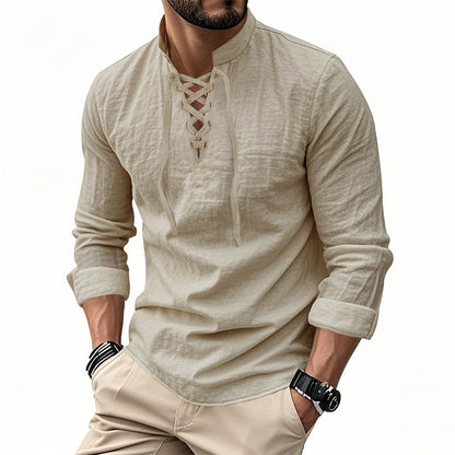 🧥Men's Casual Lace-Up Shirt – Smart in seconds! No-tie modern collar, soft breathable cotton. Effortless style for coffee dates or Sunday roasts. ☕👴